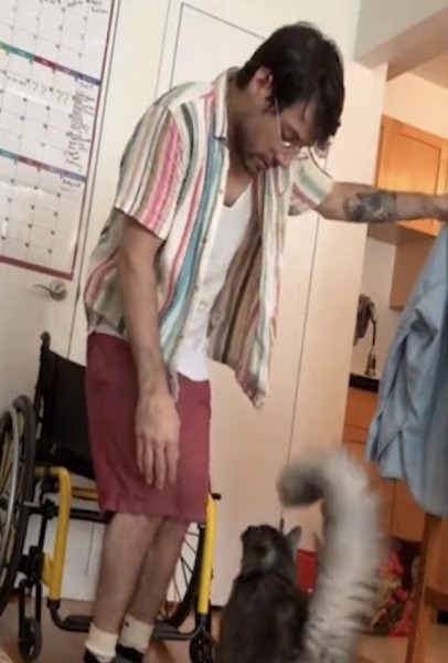 Ce chat veut s'asseoir à côté de son maître en fauteuil roulant, et la façon dont il le fait stupéfie tout le monde