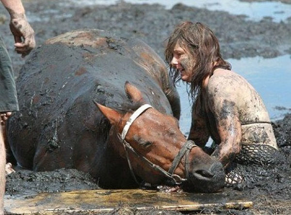 Durant 3 heures, une femme désespérée maintient son cheval pour l'empêcher de se noyer dans la boue, et ils réussissent à le sauver