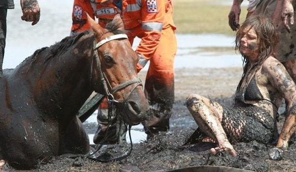 Durant 3 heures, une femme désespérée maintient son cheval pour l'empêcher de se noyer dans la boue, et ils réussissent à le sauver