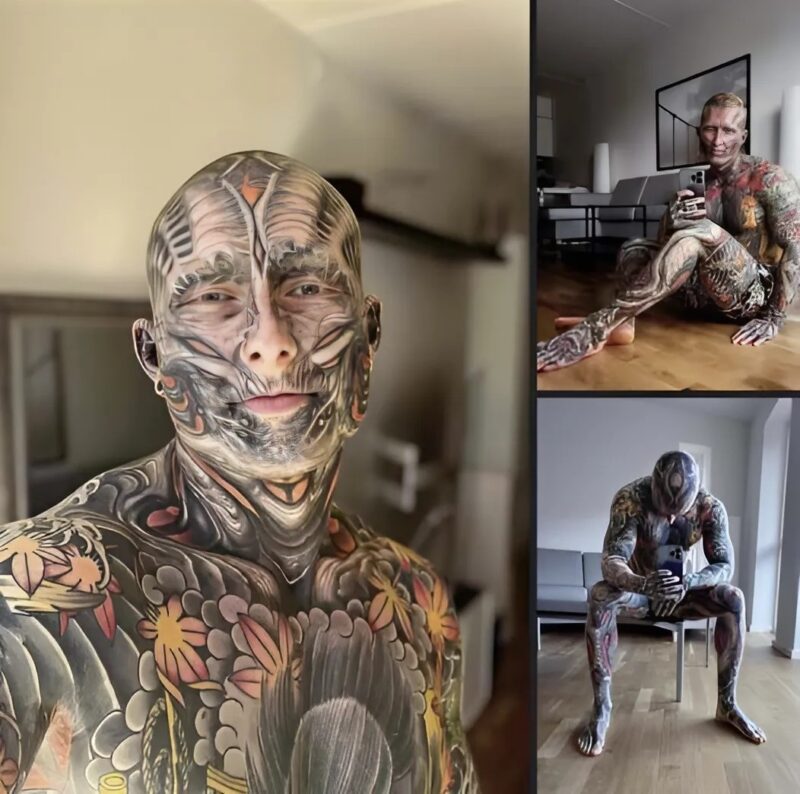 Un adepte des tatouages couvre 95 % de son corps et dévoile son apparence d’il y a cinq ans…