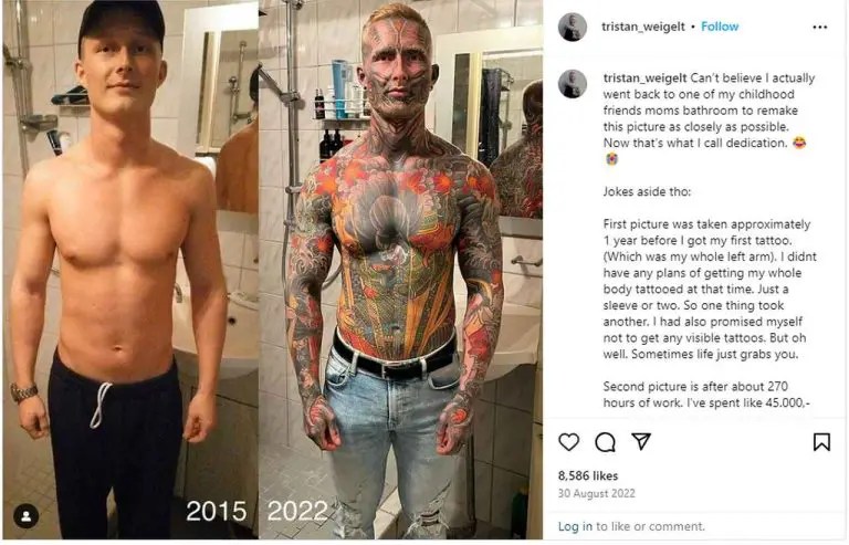 Un adepte des tatouages couvre 95 % de son corps et dévoile son apparence d’il y a cinq ans…